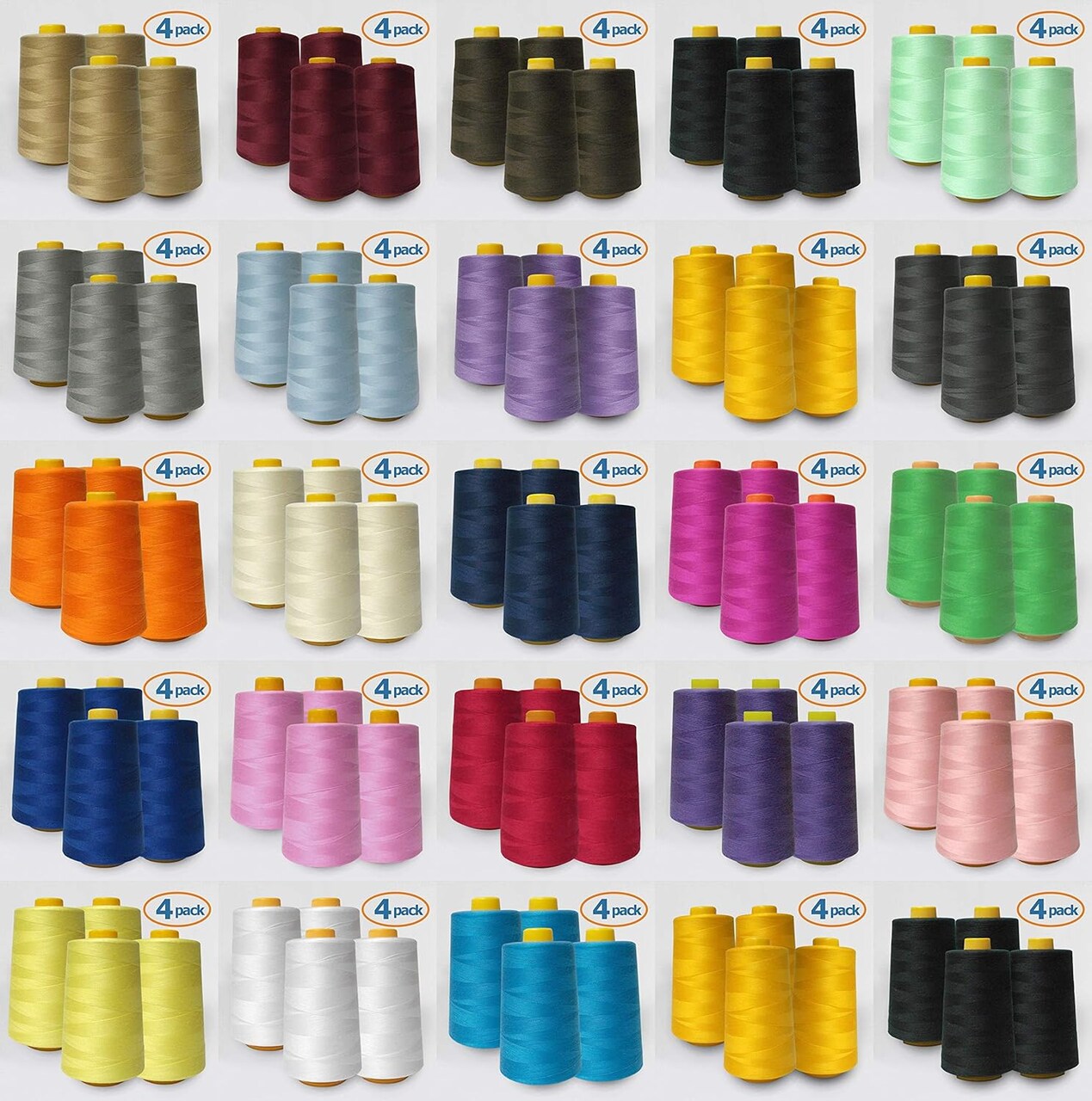 4-Pack White All Purpose Sewing Thread Cones (6000 Yards Each) of High Tensile Polyester Thread Spools for Sewing, Quilting, Serger Machines, Overlock, Merrow & Hand Embroidery
